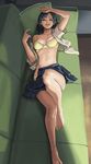  barefoot blue_eyes blue_hair bra couch cushion hand_on_head lace lace-trimmed_bra lips looking_at_viewer lying navel on_back open_clothes open_shirt panties parted_lips pleated_skirt sharlona shirt skirt smile solo underwear yellow_bra yellow_panties 
