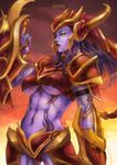  absurdres artist_name breasts character_name fire hat highres huge_filesize incredibly_absurdres large_breasts league_of_legends long_hair monori_rogue navel shyvana smile solo tattoo underboob yellow_eyes 