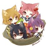  :3 ;d \o/ ahoge akebono_(kantai_collection) animal_ears arms_up bell black_hair brown_eyes cat_ears chibi commentary_request crab fang flower food frown hair_bell hair_bobbles hair_flower hair_ornament in_container jingle_bell kantai_collection kida_mochi light_brown_hair long_hair looking_at_viewer multiple_girls neko_nabe oboro_(kantai_collection) one_eye_closed open_mouth outstretched_arms pink_eyes pink_hair pot purple_eyes purple_hair sazanami_(kantai_collection) school_uniform short_hair side_ponytail smile twintails twitter_username ushio_(kantai_collection) 