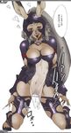  animal_humanoid armor blush bottomless breasts clothed clothing dark_skin female final_fantasy final_fantasy_xii fran hair half-dressed high_heels humanoid japanese_text lagomorph long_hair looking_at_viewer mammal mizuryu_kei panties pubes pussy rabbit rabbit_humanoid solo text underwear video_games viera white_hair 