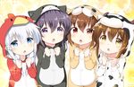  akatsuki_(kantai_collection) alternate_costume alternate_hairstyle animal_hood animal_print bad_revision bell_(oppore_coppore) bird_hood blue_eyes brown_eyes brown_hair cat_hood commentary cow_hood cow_print fang gochuumon_wa_usagi_desu_ka? hibiki_(kantai_collection) hood hooded hoodie ikazuchi_(kantai_collection) inazuma_(kantai_collection) kantai_collection long_hair long_sleeves md5_mismatch multiple_girls onesie open_mouth pajamas parody pom_pom_(clothes) purple_eyes purple_hair silver_hair sparkle_background tiger_hood tiger_print 