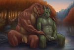  abs anthro balls dinosaur dragon flaccid forest half-erect humanoid_penis male male/male melee_weapon muscular muscular_male navel noodlewd nude outside pecs penis river scalie sword tent tree uncut unretracted_foreskin vein water weapon wet 
