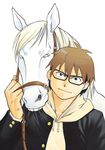  anger_vein arakawa_hiromu biting brown_eyes brown_hair gin_no_saji glasses hachiken_yuugo hood hoodie horse looking_at_another looking_at_viewer mane reins sanpaku teeth white_horse 