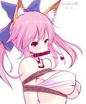  animal_ears artist_name bare_shoulders bdsm blue_bow blush bondage bound bow bra breasts choker covered_nipples fang fate/extra fate_(series) fox_ears hair_bow heart large_breasts maullarmaullar mouth_hold pink_hair ponytail shibari simple_background solo sweatdrop tamamo_(fate)_(all) tamamo_no_mae_(fate) underboob underwear upper_body white_background white_bra 
