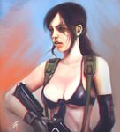  andrea_s. bikini breasts brown_hair chromatic_aberration cleavage collarbone ears elbow_gloves front-tie_bikini front-tie_top gloves green_eyes gun large_breasts lips metal_gear_(series) metal_gear_solid_v nose parted_lips photorealistic ponytail quiet_(metal_gear) realistic rifle single_elbow_glove sniper_rifle solo suspenders swimsuit torn_clothes upper_body watermark weapon 