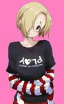  71 bags_under_eyes blonde_hair clothes_writing earrings hair_over_one_eye head_tilt idolmaster idolmaster_cinderella_girls jewelry looking_at_viewer red_eyes shirasaka_koume short_hair sleeves_past_wrists smile solo striped_sleeves 