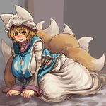  blonde_hair blush breasts chanta_(ayatakaoisii) fox_tail full_body hanging_breasts hat hips huge_breasts indoors long_skirt long_sleeves looking_at_viewer multiple_tails open_mouth pillow_hat room shirt shoes short_hair skirt solo sweat tabard tail teeth thighs tongue touhou white_footwear white_shirt white_skirt yakumo_ran yellow_eyes 