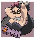  aori_(splatoon) armpits arms_up black_hair breasts cleavage commentary_request eyebrows large_breasts long_hair looking_at_viewer oasis_(magnitude711) solo splatoon_(series) splatoon_1 tentacle_hair twintails 