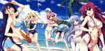  absurdres ball beach bikini blonde_hair blue_bikini blue_eyes blue_hair breasts brown_hair cleavage day front-tie_bikini front-tie_top fumio_(ura_fmo) grisaia_(series) grisaia_no_kajitsu hair_ornament highres holding holding_ball irisu_makina kazami_kazuki komine_sachi large_breasts long_hair maid_headdress matsushima_michiru medium_breasts multiple_girls navel ocean open_mouth outdoors palm_tree pink_hair purple_eyes purple_hair red_eyes sakaki_yumiko school_swimsuit side-tie_bikini sideboob small_breasts suou_amane swimsuit tree twintails underboob watanabe_akio white_bikini 