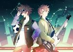  adjusting_goggles ball bass_guitar beamed_eighth_notes blonde_hair brown_hair clothes_writing constellation contrapposto digimon digimon_adventure digimon_adventure_tri. dog_tags eighth_note fang goggles hair_between_eyes instrument ishida_yamato jacket jewelry looking_at_viewer male_focus multiple_boys musical_note necklace profile silhouette sky soccer_ball spiked_hair standing star_(sky) starry_sky telstar xhouz yagami_taichi 