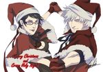  1girl bad_id bad_pixiv_id bayonetta bayonetta_(character) black_hair blue_eyes breasts capelet christmas cleavage cleavage_cutout crossover dante_(devil_may_cry) devil_may_cry facial_hair glasses gloves hat hiryuu_(kugelcruor) holding_hands jewelry lips long_hair medium_breasts mole mole_under_mouth santa_costume santa_hat short_hair simple_background smile stubble white_hair 