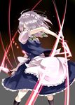  bad_id bad_pixiv_id braid hair_ribbon highres izayoi_sakuya knife maid maid_headdress miya9 red_eyes ribbon silver_hair slashing solo touhou twin_braids 