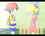  1girl backpack bag black_hair blonde_hair bow dress hair_bow letter mother_(game) mother_2 ness paula_(mother_2) pika shirt striped striped_shirt 