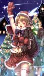  ^_^ ^o^ arm_up bad_id bad_pixiv_id belt blonde_hair bow bow_legwear building christmas christmas_tree closed_eyes copyright_request elf feathers hat midriff mittens multiple_girls navel night outdoors pointy_ears ribbon-trimmed_legwear ribbon_trim ryuuzaki_ichi sack santa_costume santa_hat shooting_star sky smile solo_focus thighhighs zettai_ryouiki 