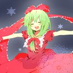  bad_id bad_pixiv_id bisuko_(bisco_mm) bow closed_eyes dress front_ponytail green_hair hair_bow hair_ribbon happy kagiyama_hina no_nose open_mouth outstretched_arms ribbon snowflakes solo spread_arms touhou 