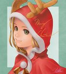  antlers bell blonde_hair christmas green_eyes hood hoodie light_smile long_hair original signature smile solo yukihiro 