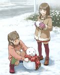  brown_hair coat gloves legs multiple_girls original scarf siblings sisters snow snowman squatting sweater thighhighs tnt_(aaaazzzz) 