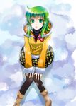  bad_id bad_pixiv_id boots coat green_eyes green_hair green_nails gumi hirako looking_up nail_polish pantyhose sitting skirt snow solo vocaloid 