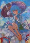  acrylic_paint_(medium) ama-tou barefoot blue_eyes blue_hair feet foreshortening heterochromia purple_umbrella red_eyes short_hair sitting smile solo tatara_kogasa touhou traditional_media umbrella 