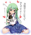  blush bottle detached_sleeves drunk frog green_eyes green_hair hair_ornament ipette-k kochiya_sanae long_hair sake_bottle snake solo touhou translated 