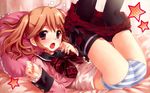  blush brown_hair dress_pull highres kasukabe_akira legs_up non-web_source open_mouth panties partially_undressed pillow ribbon sakura_sakura school_uniform solo striped striped_panties tachibana_kurumi thighhighs twintails underwear wallpaper wallpaper_forced 