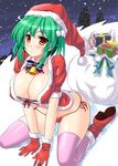  arm_support bell blush boots bow breasts brown_eyes candy candy_cane christmas christmas_tree cleavage food front-tie_top gift gloves green_hair hat kawase_seiki large_breasts original panties red_gloves sack santa_costume santa_hat shiny shiny_skin side-tie_panties sitting skindentation snow solo thighhighs underwear wariza 