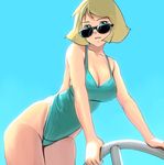  bad_id bad_pixiv_id blonde_hair blue_eyes breasts casual_one-piece_swimsuit cleavage cowboy_shot gundam large_breasts masao mobile_suit_gundam one-piece_swimsuit sayla_mass short_hair simple_background solo sunglasses swimsuit 