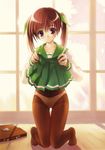  akamaru brown_eyes brown_hair crotch_seam dengeki_hime dressing hair_ribbon highres kneeling original panties panties_under_pantyhose pantyhose pleated_skirt ribbon school_uniform serafuku short_hair skirt solo thigh_gap twintails underwear 