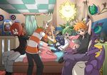  ahoge bed blonde_hair blue_eyes boots brown_hair chair croagunk gen_1_pokemon gen_2_pokemon gen_3_pokemon gen_4_pokemon green_hair happy jewelry jpeg_artifacts jun_(pokemon) lotad loudred lying magyo meowth mitsuru_(pokemon) multiple_boys natu necklace nidoking objectification ookido_green open_mouth pillow pillow_hug pointing pokemon pokemon_(creature) pokemon_(game) pokemon_dppt pokemon_frlg pokemon_gsc pokemon_rse red_hair scarf seedot short_sleeves silver_(pokemon) sitting smile snubbull striped sunflora sunkern themed_object xatu 