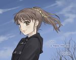  brown_eyes brown_hair coat day light_smile original ponytail sky solo toggles winter you2 