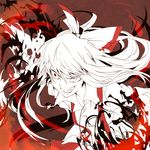  bow clenched_teeth crazy crazy_eyes fire fujiwara_no_mokou grin hair_bow hair_ribbon long_hair partially_colored ribbon shionty shirt smile solo suspenders teeth torn_clothes touhou white_hair white_shirt wind 