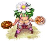 boots breasts bug butterfly cake cleavage crazy_eyes flower food from_above fruit green_eyes green_hair hair_flower hair_ornament insect medium_breasts pastry pixiv_fantasia pixiv_fantasia_3 plate shibairo short_hair solo steak strawberry thighhighs tongue 