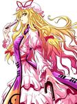  blonde_hair duplicate fan hat jpeg_artifacts purple_eyes ribbon shirosa solo touhou umbrella yakumo_yukari 