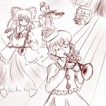  erhu instrument lowres lunasa_prismriver lyrica_prismriver merlin_prismriver monochrome multiple_girls piano ribbon satsuki_rin touhou trumpet violin 