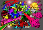  6+boys absurdres aerosmith_(stand) arrow bare_shoulders belt blue_lipstick boots braid breasts bruno_buccellati colorful eat666 everyone giorno_giovanna guido_mista gun hair_ornament hairclip hat headband highres jojo_no_kimyou_na_bouken leone_abbacchio lipstick long_hair makeup medium_breasts midriff multiple_boys nail_polish narancia_ghirga navel necktie pannacotta_fugo sex_pistols_(stand) short_hair sketch stand_(jojo) trish_una vento_aureo weapon zipper 