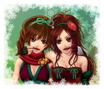  2girls bare_shoulders breasts brown_eyes brown_hair christmas cleavage female gloves hairband kaihime kunoichi_(sengoku_musou) long_hair mouth_pull multiple_girls ponytail scarf sengoku_musou sengoku_musou_3 twilightend 