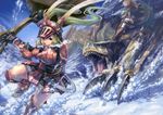  armor battle blonde_hair cat claws felyne hermitaur_(armor) long_hair monster_hunter red_eyes snow tigrex yatoo 