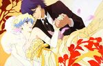  1girl bow bride couple dress earrings gloves hayashi_akemi hetero holding_hands jewelry lipstick makeup multicolored_hair nia_teppelin official_art scan simon tengen_toppa_gurren_lagann tengen_toppa_gurren_lagann:_lagann-hen tuxedo wedding wedding_dress 