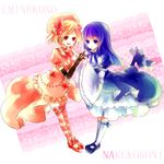  blonde_hair blue_hair bow dress frederica_bernkastel hand_holding lambdadelta mary_janes purple_eyes red_eyes ribbon ribbons shoes smile tail umineko_no_naku_koro_ni violet_eyes 