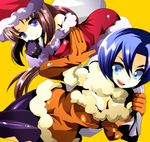  after_war_gundam_x blue_eyes blue_hair breasts brown_hair cleavage gloves gundam hat hcsb latex medium_breasts multiple_girls orange_gloves orange_santa_costume pantyhose paula_cis ponytail sack santa_costume santa_hat short_hair simple_background tiffa_adill waving 