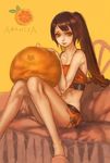  arancia bad_id bad_pixiv_id brown_eyes brown_hair food fruit holding holding_food holding_fruit legs lips munashichi orange orange_skirt original ponytail skirt solo 