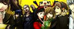  4girls :d amagi_yukiko bad_id bad_pixiv_id black_hair blonde_hair brown_hair closed_eyes everyone hanamura_yousuke headphones jacket kujikawa_rise kuma_(persona_4) long_hair long_sleeves multiple_boys multiple_girls narukami_yuu open_mouth persona persona_4 satonaka_chie scr.e shirogane_naoto short_hair silver_hair simple_background smile tatsumi_kanji track_jacket turtleneck twintails upper_body yellow_background 