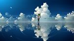  blue_sky cloud endlesscat full_body hat heart heart_of_string highres komeiji_koishi landscape long_sleeves paper_airplane reflection ripples salt_flats silhouette sky solo string touhou water wide_sleeves 