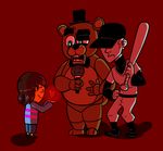  &lt;3 animatronic baseball_bat bear bitkade clothing feet five_nights_at_freddy&#039;s footwear freddy_(fnaf) frisk hat human larger_male machine male mammal microphone off_(game) robot shoes size_difference smaller_male the_batter undertale video_games young 