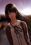  arms_behind_back bangs black_hair black_neckwear black_ribbon blue_eyes blurry buttons depth_of_field diffraction_spikes dutch_angle itoguchi_(manma_melon) long_hair looking_at_viewer neck_ribbon original outdoors ribbon school_uniform sky smile solo sunrise upper_body 