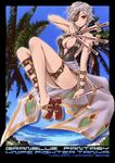  2015 belt between_breasts black_swimsuit breasts character_name copyright_name day eyepatch granblue_fantasy inoue_tomii jewelry knife necklace one-piece_swimsuit red_eyes sandals short_hair silver_hair slingshot_swimsuit solo swimsuit tanya_(granblue_fantasy) thigh_strap 