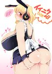  animal_ears ass ass_grab blonde_hair blush breasts bunny_ears commentary_request dress grabbing_own_ass headphones huge_breasts looking_at_viewer looking_back microdress morita_gurutamin nitroplus plump short_hair solo super_pochaco twintails 