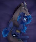  2015 antlers blue_eyes blue_hair blush discord_(mlp) draconequus duo equine fangs female friendship_is_magic hair horn hug lying lyra-senpai male mammal my_little_pony princess_luna_(mlp) winged_unicorn wings 