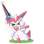  2015 ambiguous_gender canine crying cute dlrowdog eeveelution feral fur humor mammal multicolored_fur nintendo pink_fur pok&eacute;mon simple_background solo stretching stylus sylveon tears tongue video_games what white_fur 