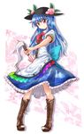  blue_hair boots cross-laced_footwear dress food fruit full_body hat highres hinanawi_tenshi lace-up_boots layered_dress long_hair looking_at_viewer nibi peach puffy_sleeves red_eyes ribbon short_sleeves smile solo sword_of_hisou touhou 